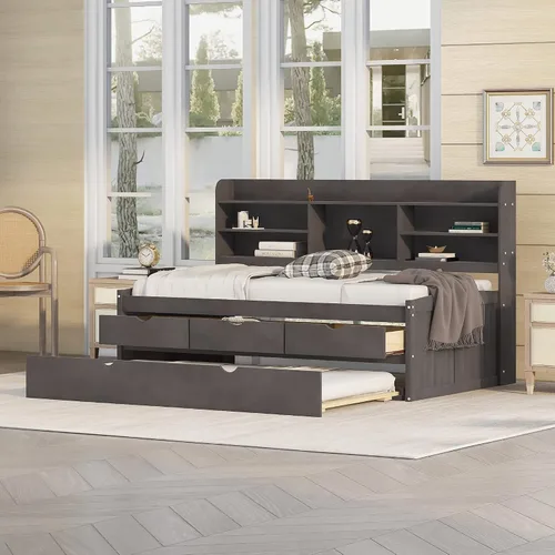 Vista 3 de Harper & Bright Designs Sofá cama de tamaño individual con estantes de almacenamiento, cajones y nido, marco de cama de esquina doble de madera