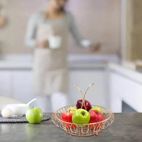 Vista 6 de ALLCENER Frutero para encimera de cocina, cesta de frutas con mango en forma de hoja, soporte de frutas elegante y funcional, canasta dorada