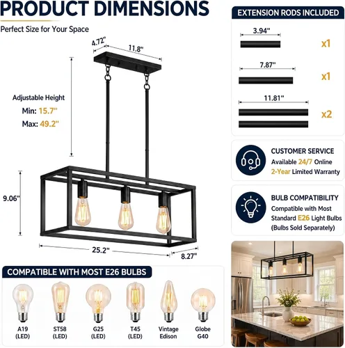 Vista 3 de Iluminación negra para isla de cocina, moderna lámpara rectangular de jaula lineal, 3 luces, lámpara colgante de metal industrial para granja
