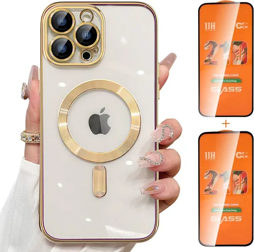 Vista 7 de Magsafe - Funda para iPhone 12 Pro Max, funda magnética transparente para teléfono con protector de pantalla y cubierta de cámara, funda galvanizada