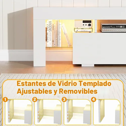 Vista 4 de YESHOMY Moderno soporte de TV LED para sala de estar con estantes de vidrio y cajón, centro de entretenimiento para dormitorio con múltiples modos