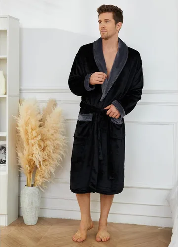 Vista 4 de U2SKIIN Albornoz de forro polar para hombre con cuello de felpa
