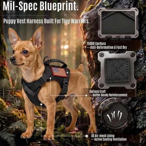 Vista 7 de Arnés táctico para perros pequeños, chaleco para perros de servicio militar con mango de goma, arnés de entrenamiento ajustable K9 con paneles MOLLE
