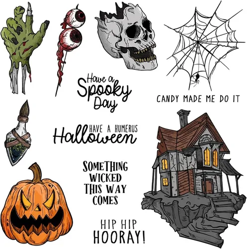 Vista 7 de Juego de sellos transparentes espeluznantes y troqueles de corte de metal con diseño de calavera de calabaza de Halloween con paquete de caja