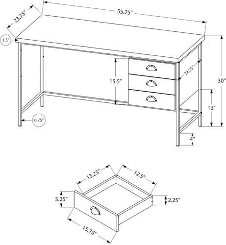 Vista 3 de Monarch Specialties Escritorio industrial para computadora con 3 cajones, marco de metal, mesa de estudio rectangular para laptop, 55 pulgadas