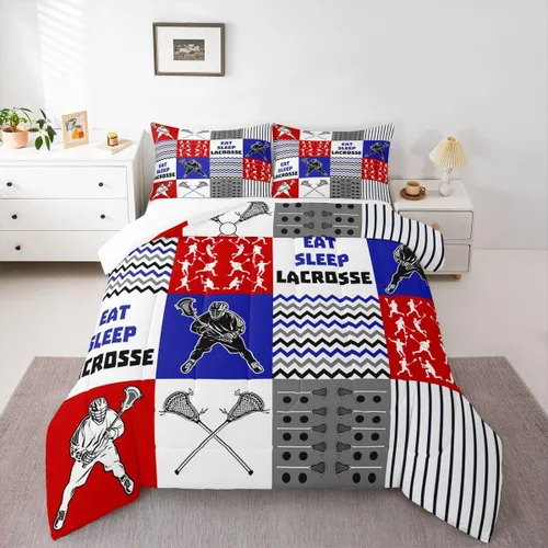 Vista 13 de Lacrosse - Juego de edredón de juegos deportivos para niños y niñas, jugadores de hockey, relleno de edredón ligero de hockey negro con llama