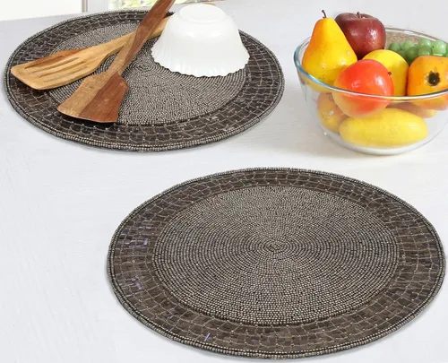 Vista 3 de Cargador de cuentas redondas de 13 pulgadas gris antiguo y borde circular - Manteles individuales navideños y festivos Gris envejecido