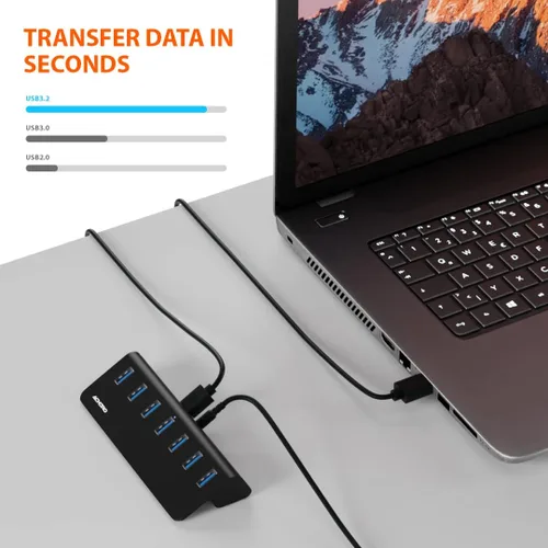 Vista 3 de Achoro Hub USB 3.2 alimentado por 7 puertos (2.ª generación), expansor USB de aluminio de alta velocidad de 10 Gbps para computadora, Mac, PC