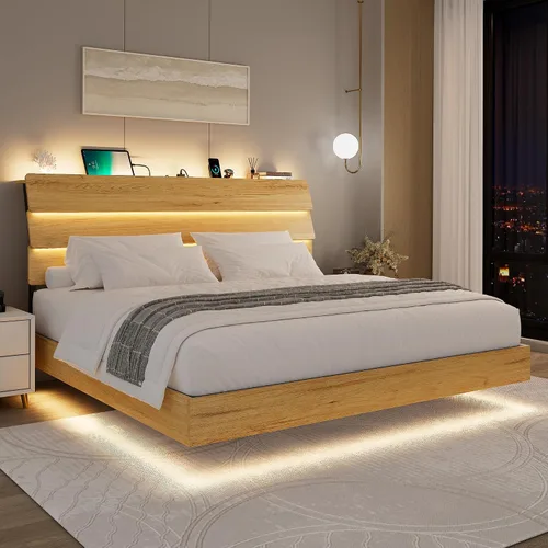 Vista 15 de Feonase Base de cama flotante individual con luces LED y estación de carga, marco de cama de madera tamaño individual con cabecera