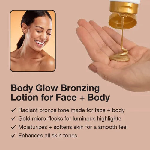 Vista 2 de Fake Bake Bronzy Babe Body Glow - Loción hidratante teñida para rostro y cuerpo, iluminador, maquillaje e hidratación para el cuidado de la piel