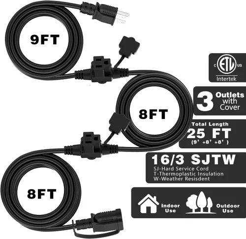 Vista 2 de K KASONIC - Cable de extensión para exteriores de 25 pies, enchufes con tomas de 3 salidas espaciadas uniformemente, 16/3 SJTW a prueba
