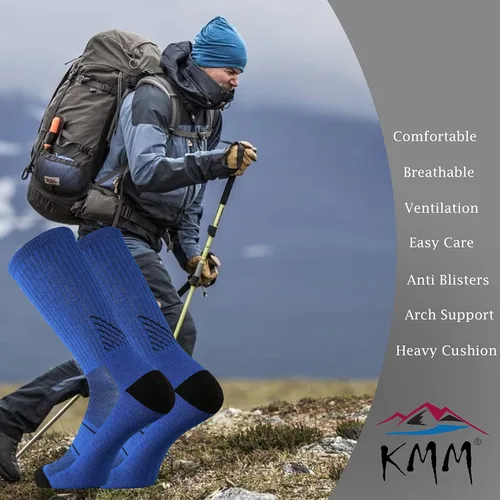 Vista 5 de KMM Calcetines acolchados de lana merino para hombre con control de humedad ligero y acogedor para senderismo, uso al aire libre, uso casual