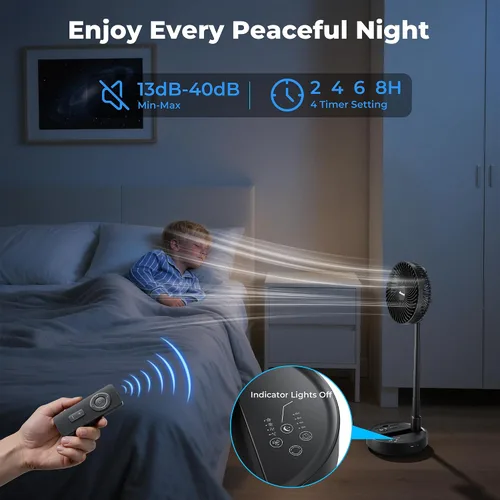 Vista 5 de AMACOOL Ventilador oscilante plegable de 8 pulgadas, funciona con batería de 10000 mAh con control remoto y temporizador, ventilador de pie portátil