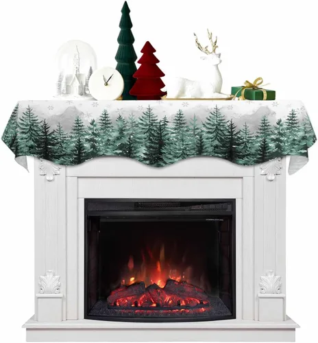 Vista 9 de Mantel con diseño de copo de nieve azul para chimenea de Navidad, bufanda para repisa, estola para estantes, renos, alces, nieve, bosque, cubierta