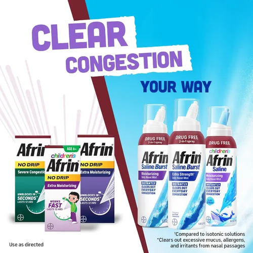 Vista 9 de Afrin Bruma salina hidratante para niños para congestión nasal diaria y nariz seca, espray salino isotónico de agua de mar para bebés de más de 6