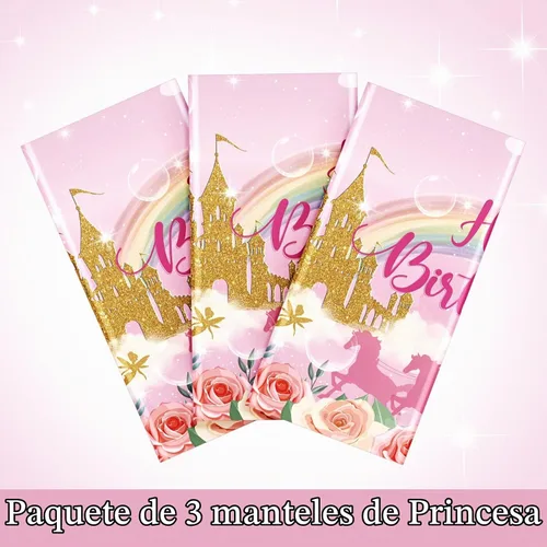 Vista 4 de Oudain Paquete de 3 manteles de plástico desechables para fiesta de princesa, manteles de plástico desechables con diseño de princesa, manteles