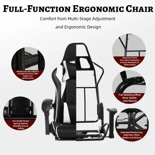 Vista 5 de Ergonomic Gaming Chair with Massage Lumbar Pillow, Reclining Racing Seat, Adjustable Footrest for PC Game Office, Black and White PU Leather