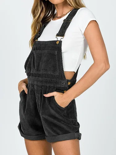 Vista 4 de Pantalones cortos de mezclilla con tirantes para mujer, overoles con bolsillo frontal, overol corto casual