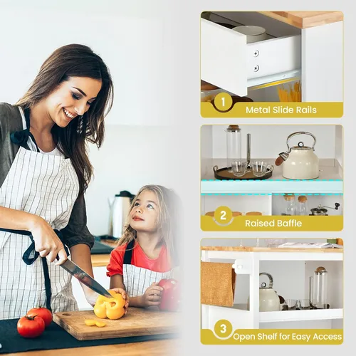 Vista 3 de Giantex Carrito de isla de cocina con ruedas, mesa de isla rodante con parte superior de madera de caucho, cajón, estante para especias de 3