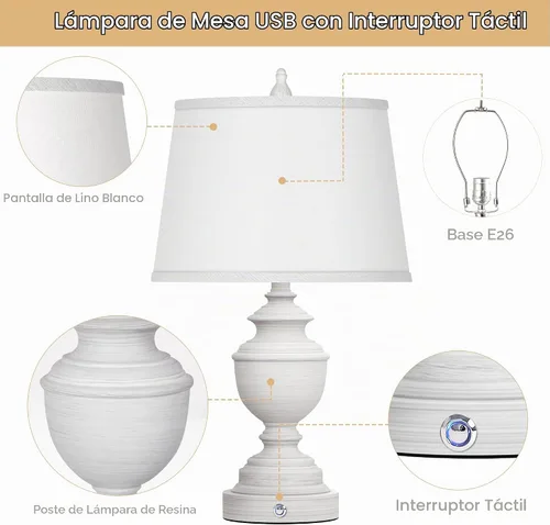 Vista 5 de Juego de 2 lámparas de mesa, lámpara moderna de mesita de noche estilo granja con puertos USB, control táctil regulable de 3 vías, lámparas de Blanco