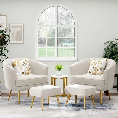 Vista 5 de Andeworld Silla decorativa de terciopelo con otomana, sillón de barril Beige