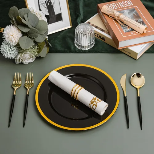 Vista 6 de N9R Juego de cubiertos de plástico dorado - 90 piezas con mango negro - Cubiertos de plástico elegantes, resistentes - 30 cucharas, 30 tenedores, 30
