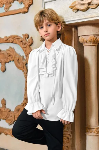 Vista 2 de Bbalizko Camisa de vampiro pirata con volantes, medieval, renacentista, con cordones, para niños, gótica, victoriana, disfraz de Halloween