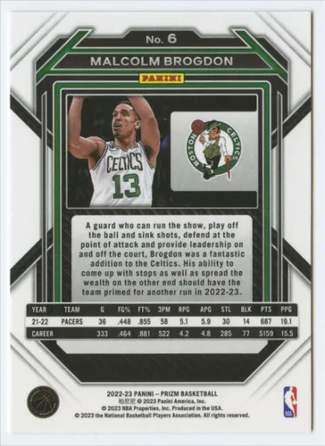 Vista 2 de 2022-23 Panini Prizm #6 Malcolm Brogdon Boston Celtics NBA Basketball Trading Card