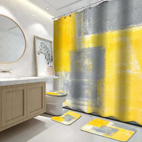 Vista 28 de Lnond 4 Piezas Juegos de Cortinas de Ducha de Baño Moradas con Alfombras, Arte de Pintura Púrpura y Gris Juegos de Baño con Cortina de Ducha