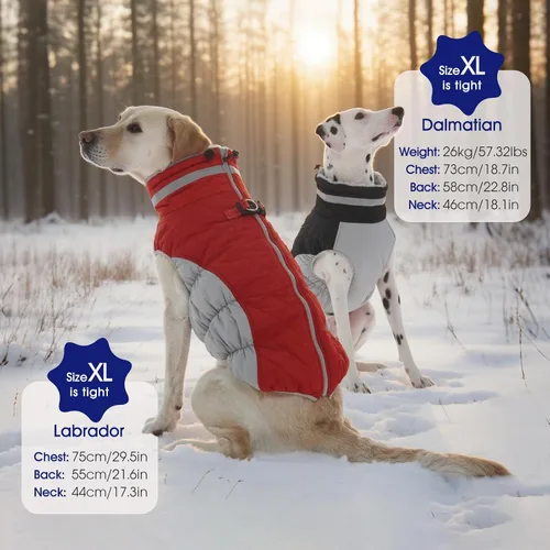 Vista 6 de Abrigo para perro, chaqueta cálida de invierno, acolchada, de vellón, chaleco reflectante con arnés, chaqueta de nieve impermeable con cremallera, a