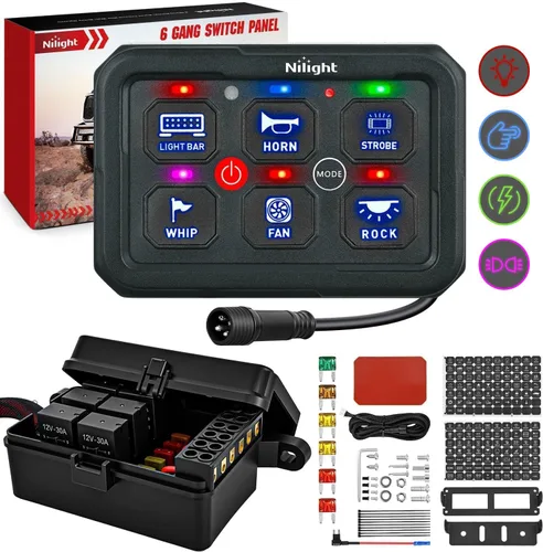 Vista 18 de Nilight Panel de Interruptores de 6 Posiciones Sistema de Relé de Control de Circuito Universal con Arnés de Cableado con Fusible LED Pod Regulable