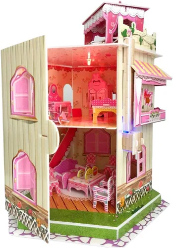 Vista 3 de Rooftop Romance 3D Puzzle casa de muñecas para niñas, kit de construcción de casa de muñecas en miniatura 3D fácil de montar con luz LED para niños