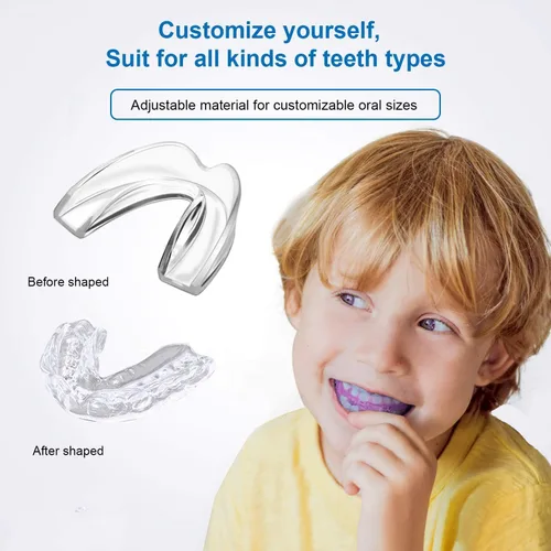 Vista 4 de Paquete de 4 protectores bucales para niños para rechinar los dientes y apretar, elimina la ATM, detiene el bruxismo, la noche atlética