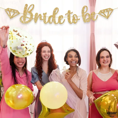 Vista 8 de KatchOn, Cartel dorado con purpurina de la novia para ser – 10 pies, sin bricolaje Cartel dorado de la novia para ser Decoración de despedida