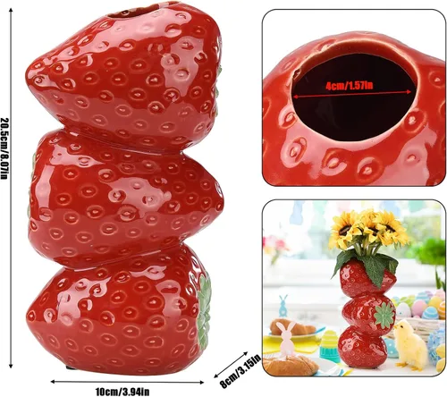 Vista 6 de Firlar Florero de cerámica con diseño de fresas para flores, decorativo, moderno, rosa, redondo, 4 x 3 x 8 pulgadas, boda, Navidad, regalo del día