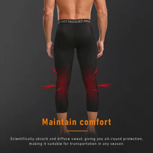 Vista 4 de Homeo Pantalones de baloncesto para hombre con rodilleras, pantalones de compresión 34, mallas capri atléticas para entrenamiento
