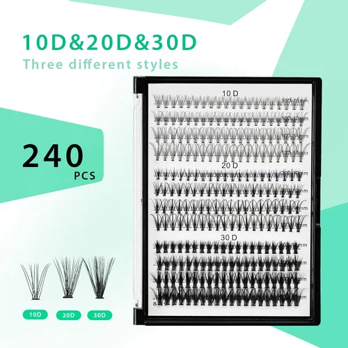 Vista 2 de Bodermincer Extensión de pestañas 240 unidades, rizado D, 10D+20D+30D, 10-16 mm/12-18 mm mezclado, racimo individual de pestañas postizas