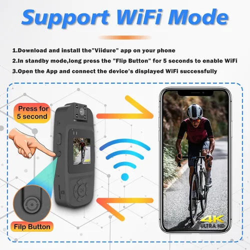 Vista 6 de Mini cámara corporal 4K con grabación de video, cámara corporal WiFi portátil con lente giratoria de 180° y visión nocturna para trabajo, viajes