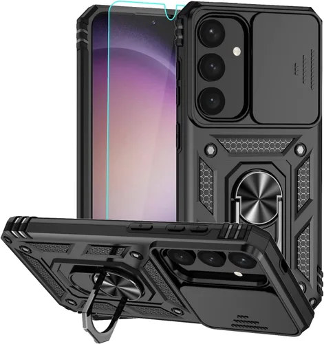 Vista 11 de Funda para Samsung Galaxy S24 Plus, funda de plástico duro de goma de silicona suave con cubierta de lente de cámara deslizante, anillo giratorio