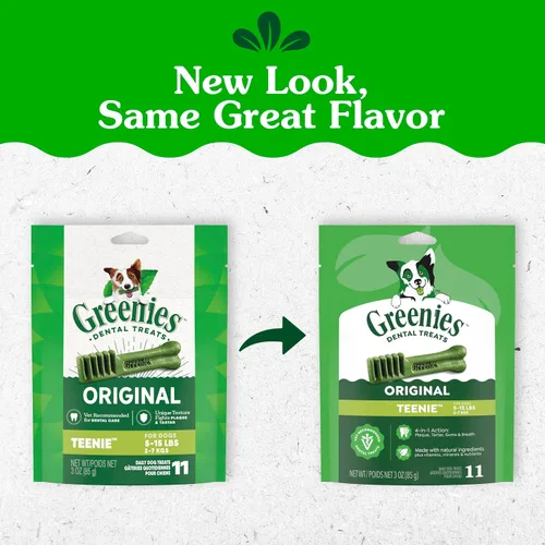 Vista 2 de Golosinas dentales para perros recomendadas por veterinarios, tamaño Teenie, sabor original, Greenies, 3 onzas, paquete de 11