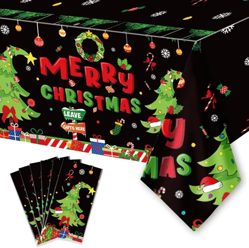 Vista 9 de 2 piezas de manteles desechables de Navidad, 108" x 54" rectangulares de plástico impermeable con patrones novedosos de calcetín navideño, corona