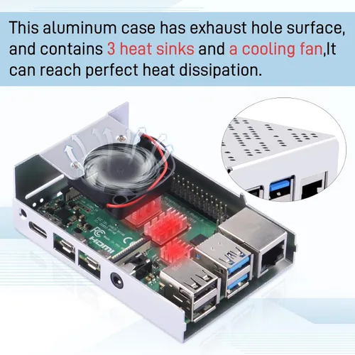 Vista 5 de GeeekPi Funda para Raspberry Pi 4, carcasa de aluminio con ventilador de refrigeración y disipadores de calor para Raspberry Pi 4 Modelo B