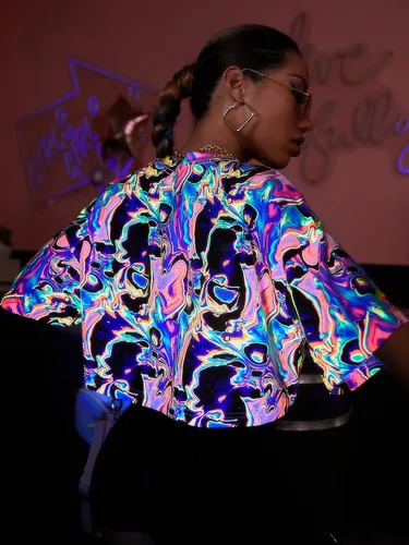 Vista 2 de Floerns Camisetas cortas de manga corta con cuello redondo y reflejantes para mujer