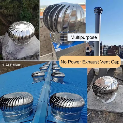 Vista 5 de Cubierta de turbinas eólicas para techo, ventilador de turbina redonda, 304 de acero inoxidable con tapa de escape, ventilación impermeable, 4.331