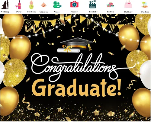 Vista 2 de Telón de fondo de graduación de 5 x 3 pies para sesión de fotos, globos negros y dorados, felicitaciones, graduados, clase de 2025, felicitaciones