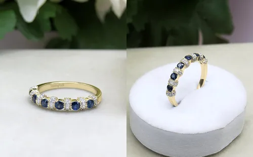 Vista 3 de Anillo de boda apilable de oro de 14 quilates con zafiro azul y diamante blanco, Piedra Oro, Zafiro