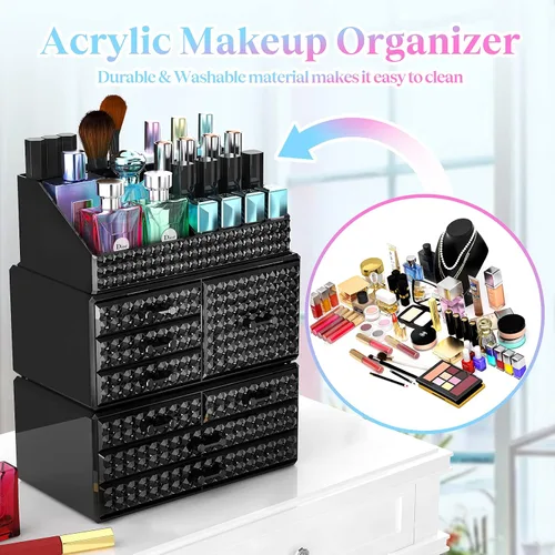 Vista 7 de Paquete de 3 organizadores de maquillaje apilables [actualizados], estuches de almacenamiento de cosméticos acrílicos con 8 cajones organizadores