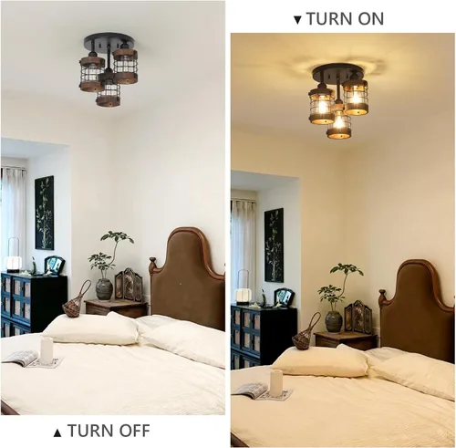 Vista 2 de PAUFUL Lámpara de techo semiempotrada, lámpara de araña de granja de 3 luces para montaje en techo, lámparas negras para pasillo con pantalla