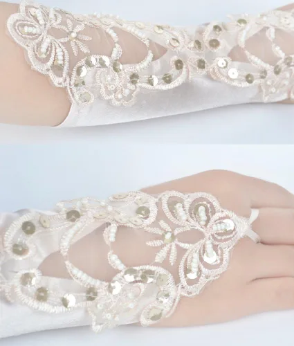 Vista 6 de JISEN Guantes de satén sin dedos de los años 20 para mujer, para banquete, fiesta, elegante, con encaje, bordados, para novia, 11 pulgadas