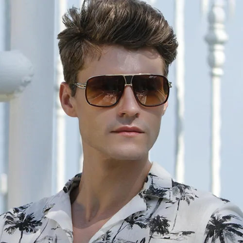 Vista 4 de Street Knitted Gafas de sol cuadradas clásicas de gran tamaño con tinte marrón vintage para hombre, lentes de sol grandes piloto con estilo retro